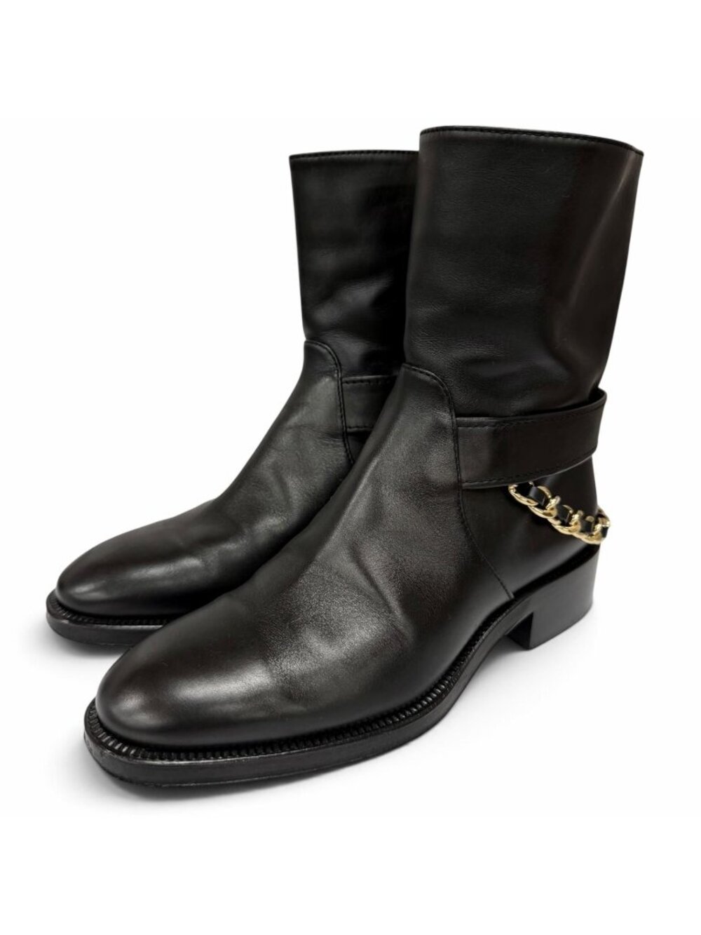Chanel CC Logo Chain Decoration Side Zip Leather Short Boots Black Gold